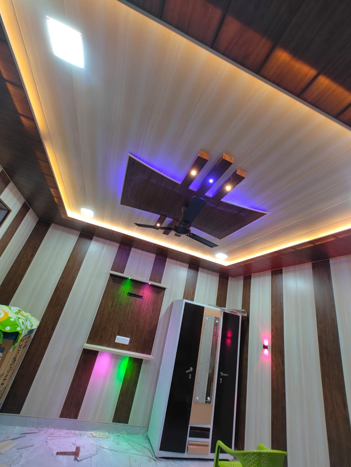 Modern PVC Ceiling & Wall Paneling with Multi-Color LED Accent Lights